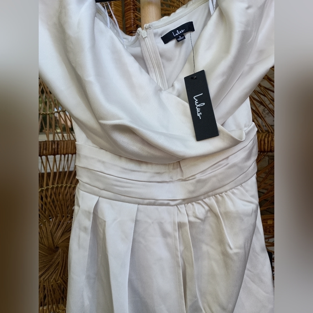 NWT Lulu's Elegant Off-Shoulder Ivory Satin Dress_Small - Picture 3 of 7